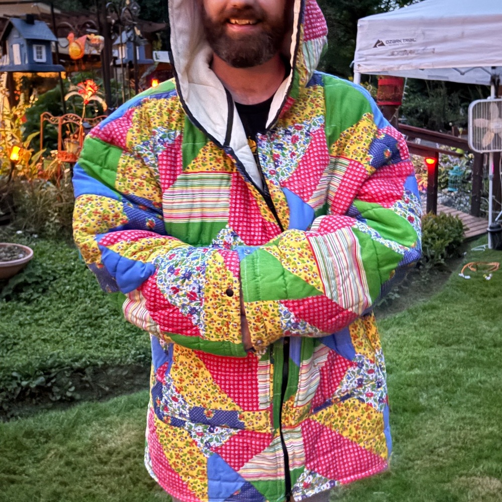 Vintage 70’s bespoke Colorful Patchwork Hooded Jacket made from sleeping bag 223